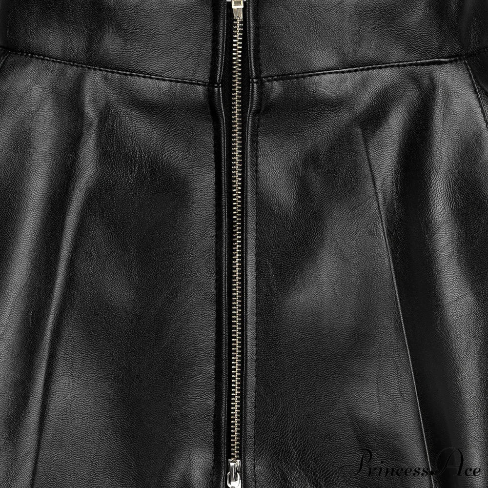 Leather Front Zipper Pleated Mini Skirt - Image 6