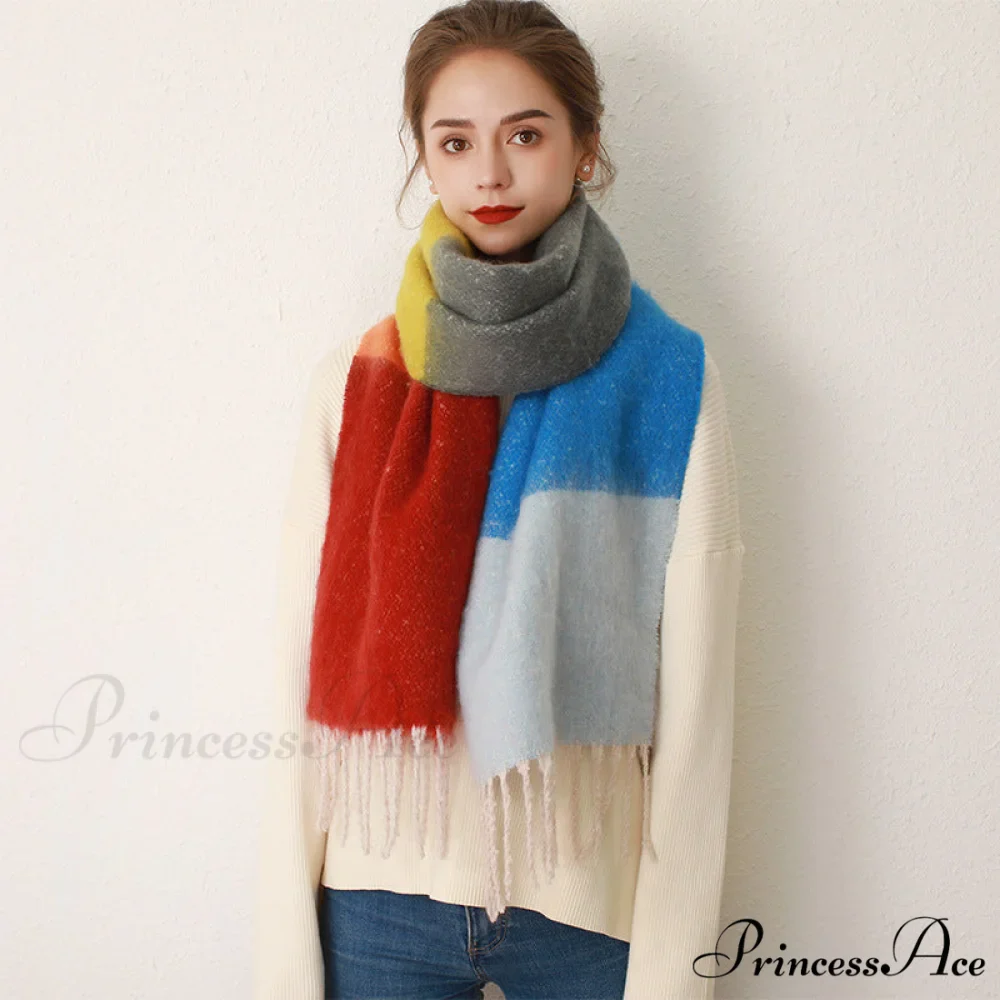 Thick Cozy Stylish Warm Trendy Classic Soft Color-blocked Scarf - Image 2