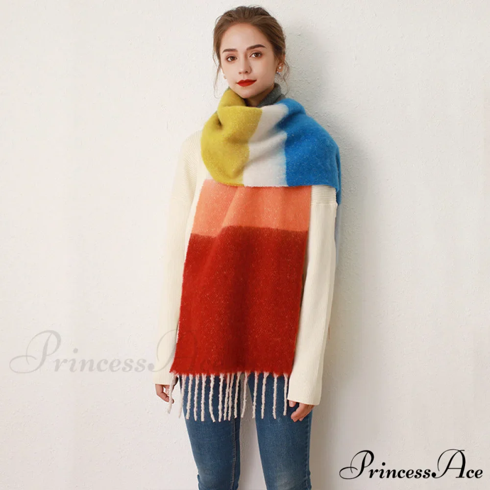 Thick Cozy Stylish Warm Trendy Classic Soft Color-blocked Scarf - Image 3