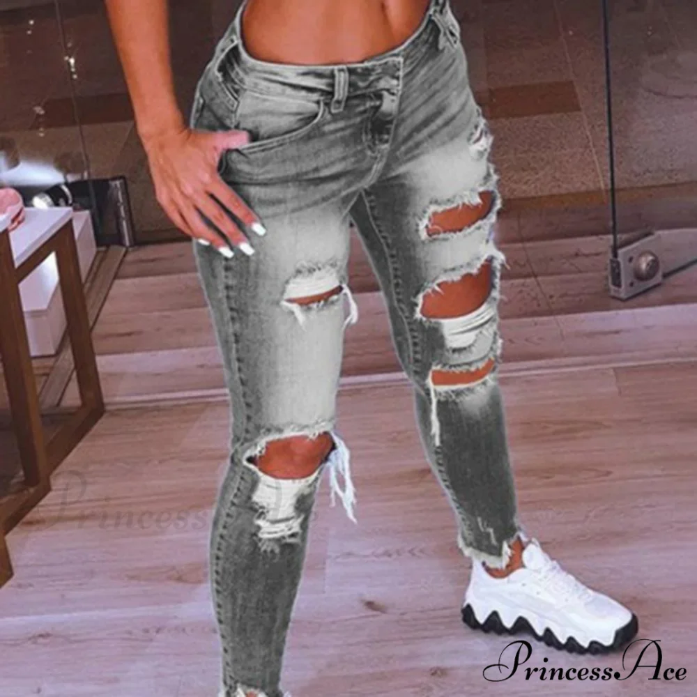 2024 Low Waist Hip Lift Ripped Holes Skinny Pants - Image 3