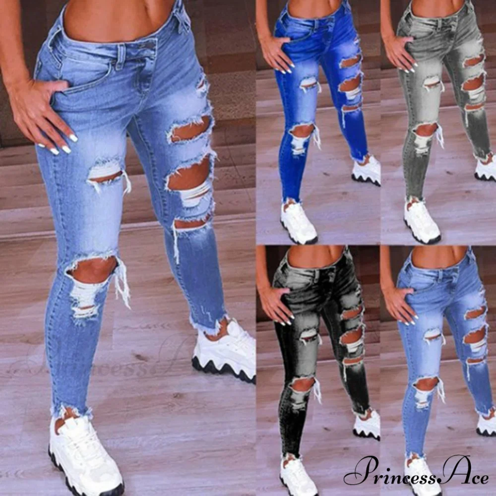 2024 Low Waist Hip Lift Ripped Holes Skinny Pants - Image 5