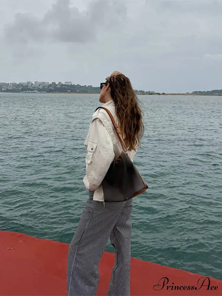Zippered Spliced Motorcycle Fashionable Solid Stand Neck Long Sleeve Short Autumn Coat - Image 2