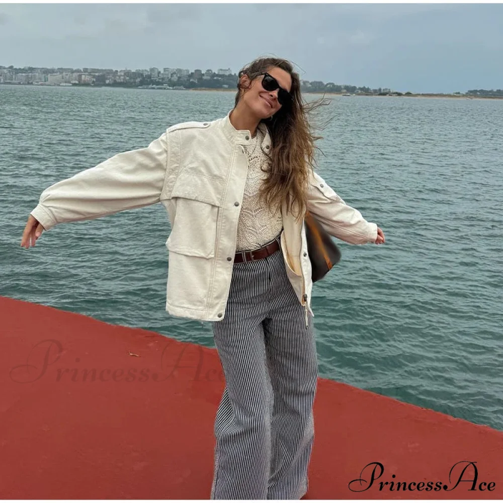 Zippered Spliced Motorcycle Fashionable Solid Stand Neck Long Sleeve Short Autumn Coat - Image 5