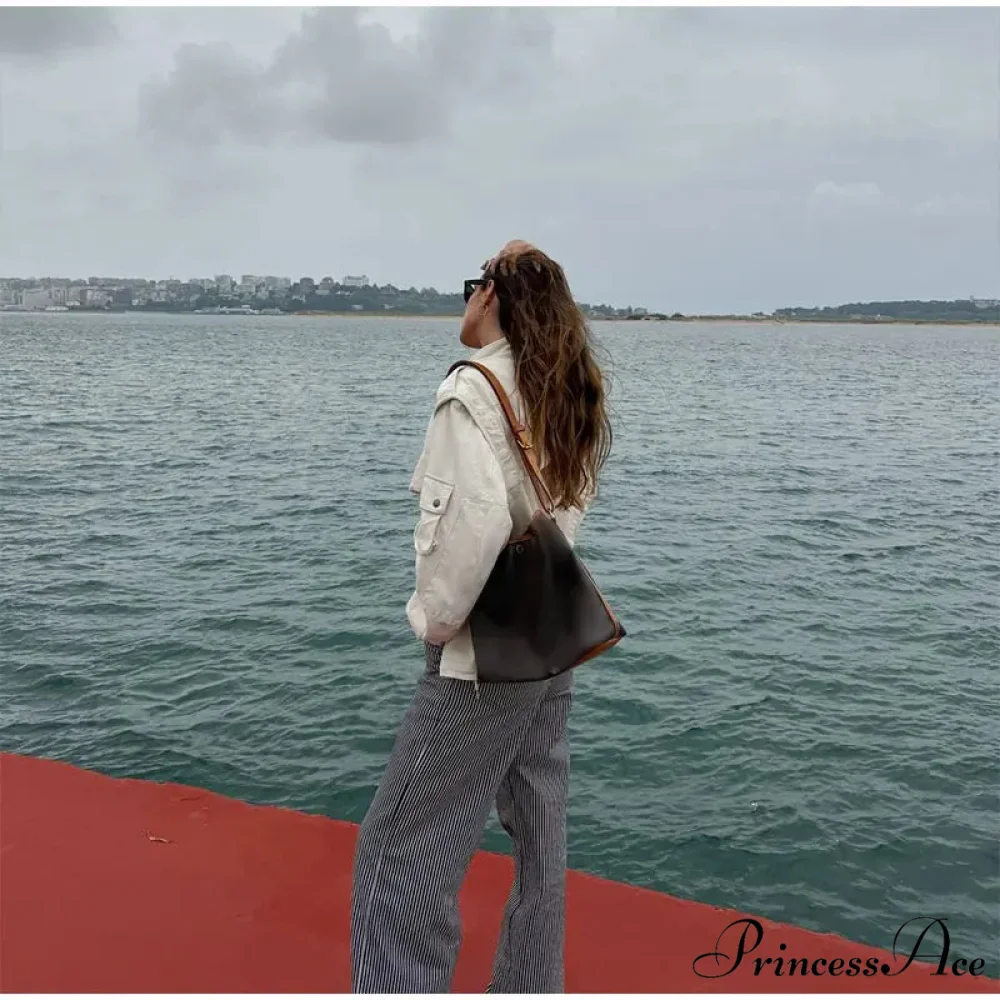 Zippered Spliced Motorcycle Fashionable Solid Stand Neck Long Sleeve Short Autumn Coat - Image 6
