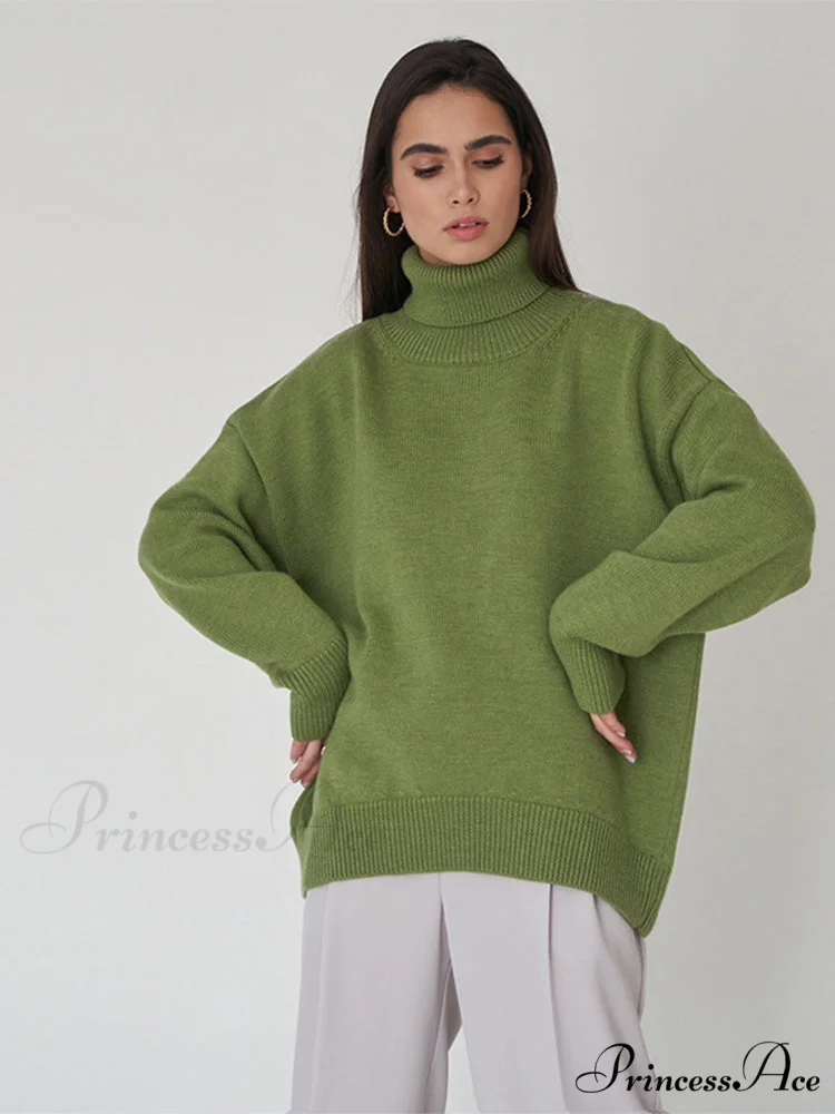 Oversized Casual Turtleneck Solid Color Pollover Sweater - Image 10