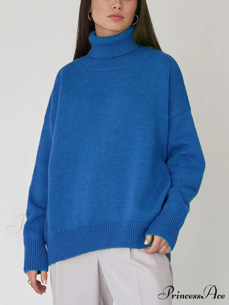 Oversized Casual Turtleneck Solid Color Pollover Sweater - Image 11