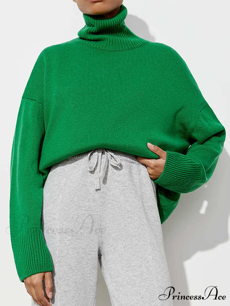 Oversized Casual Turtleneck Solid Color Pollover Sweater - Image 3