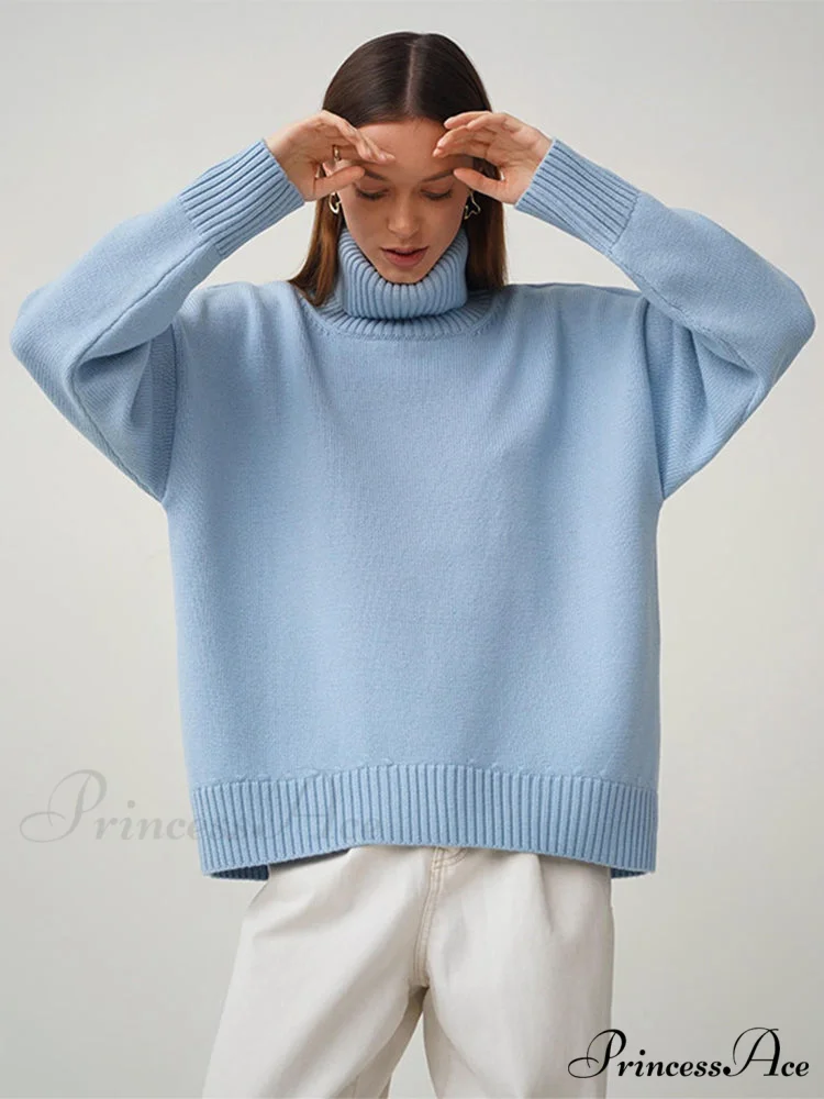 Oversized Casual Turtleneck Solid Color Pollover Sweater - Image 9