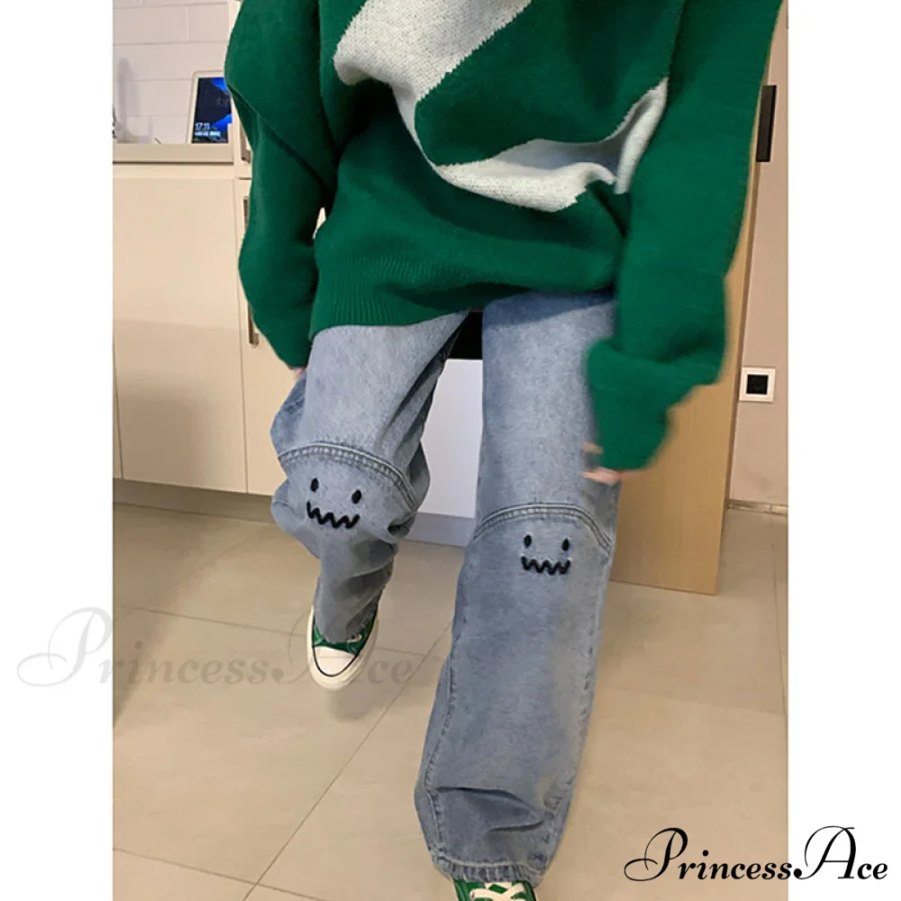 Cute Emoji Face Wide Leg Personalized Jeans - Image 5