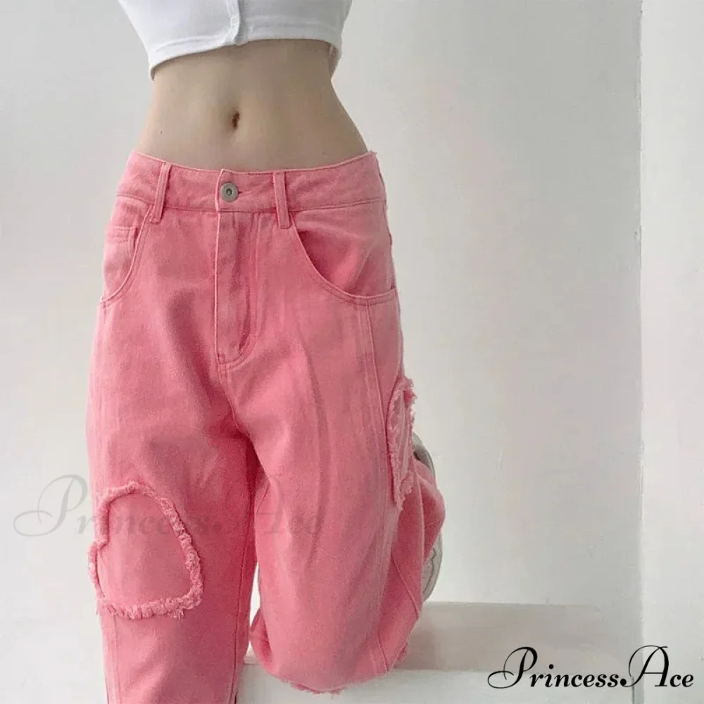 Y2K Cute Pink Heart Shape Jeans - Image 4