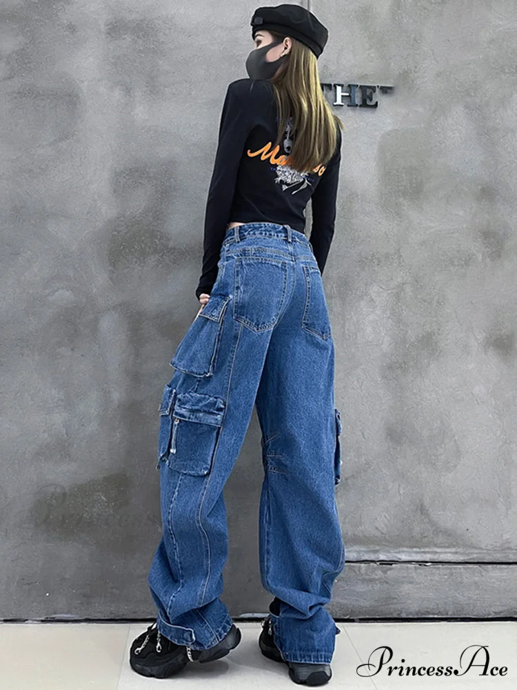 Dark Blue Pockets Wide Leg Jeans - Image 3
