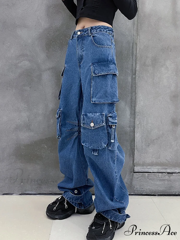 Dark Blue Pockets Wide Leg Jeans - Image 4
