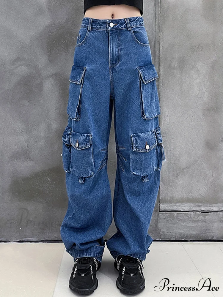 Dark Blue Pockets Wide Leg Jeans - Image 5