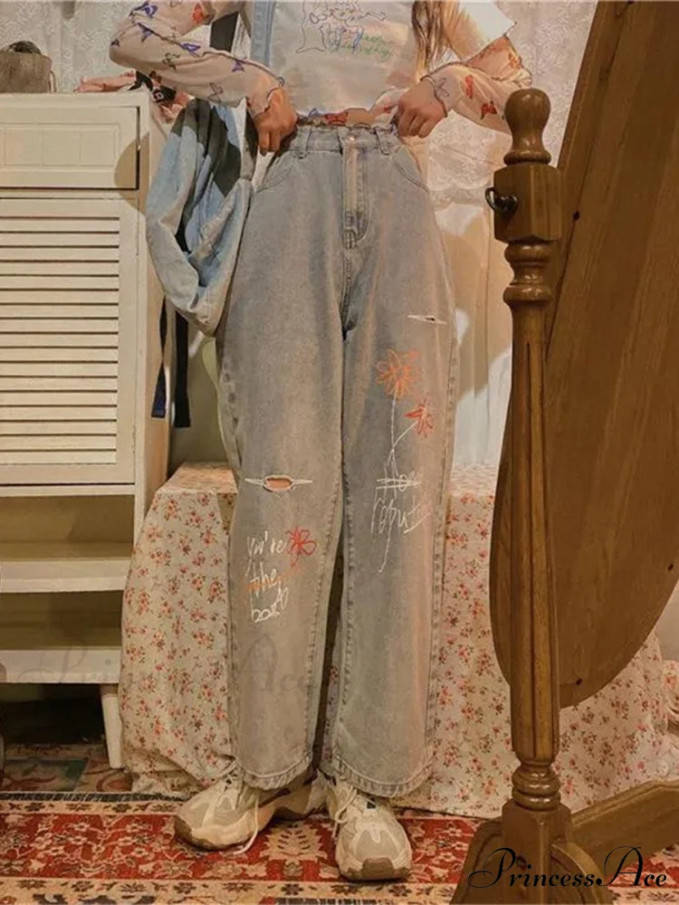 Letter Flower Print Ripped Jeans - Image 2