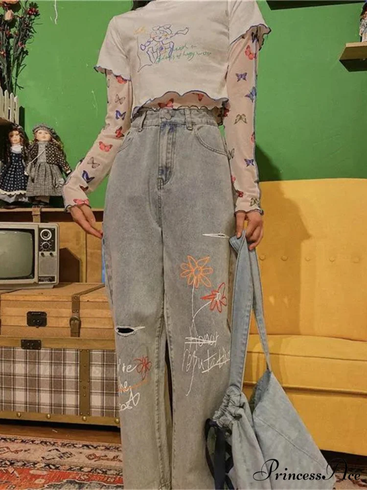 Letter Flower Print Ripped Jeans - Image 3