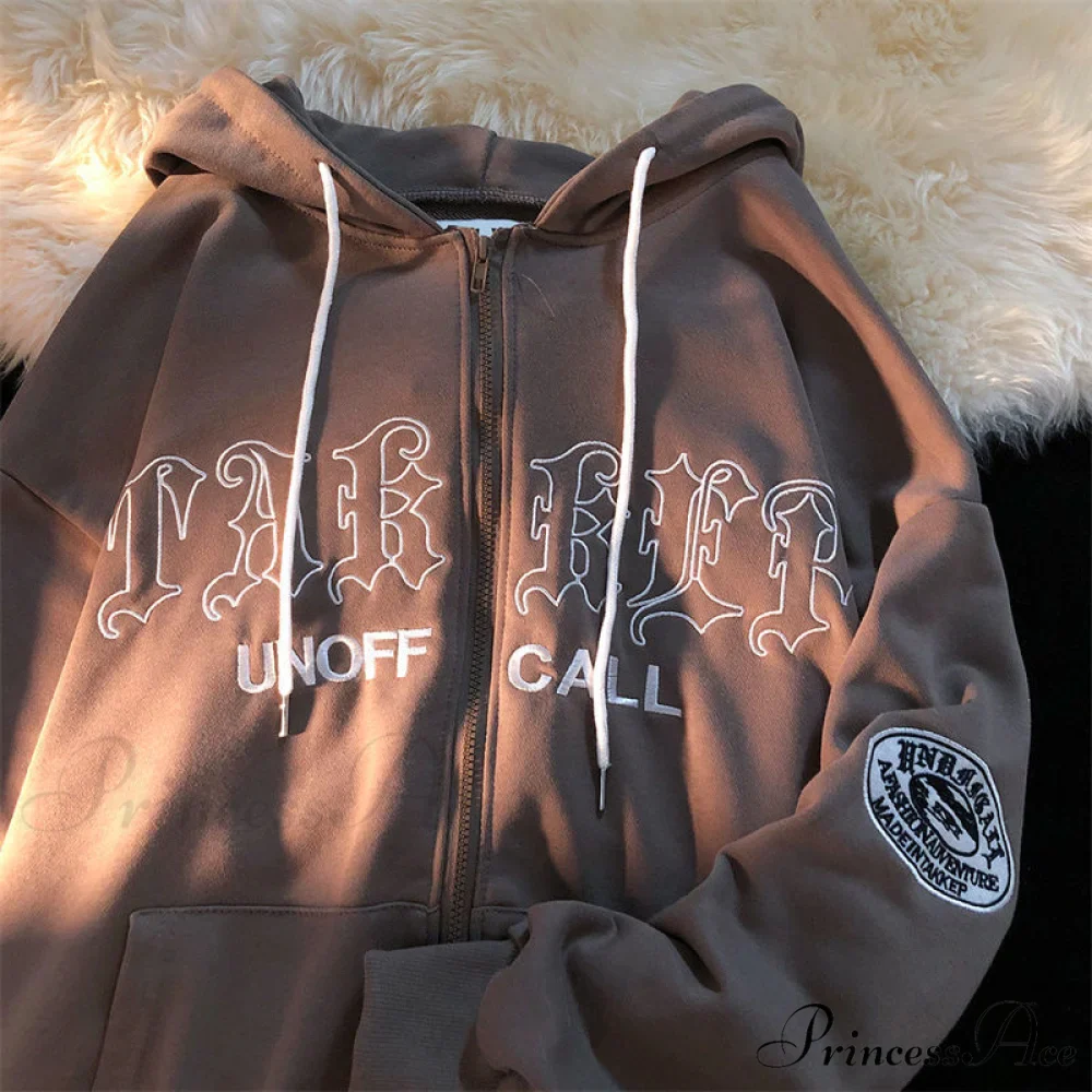 Retro Letter Print Loose Hoody Jacket - Image 10
