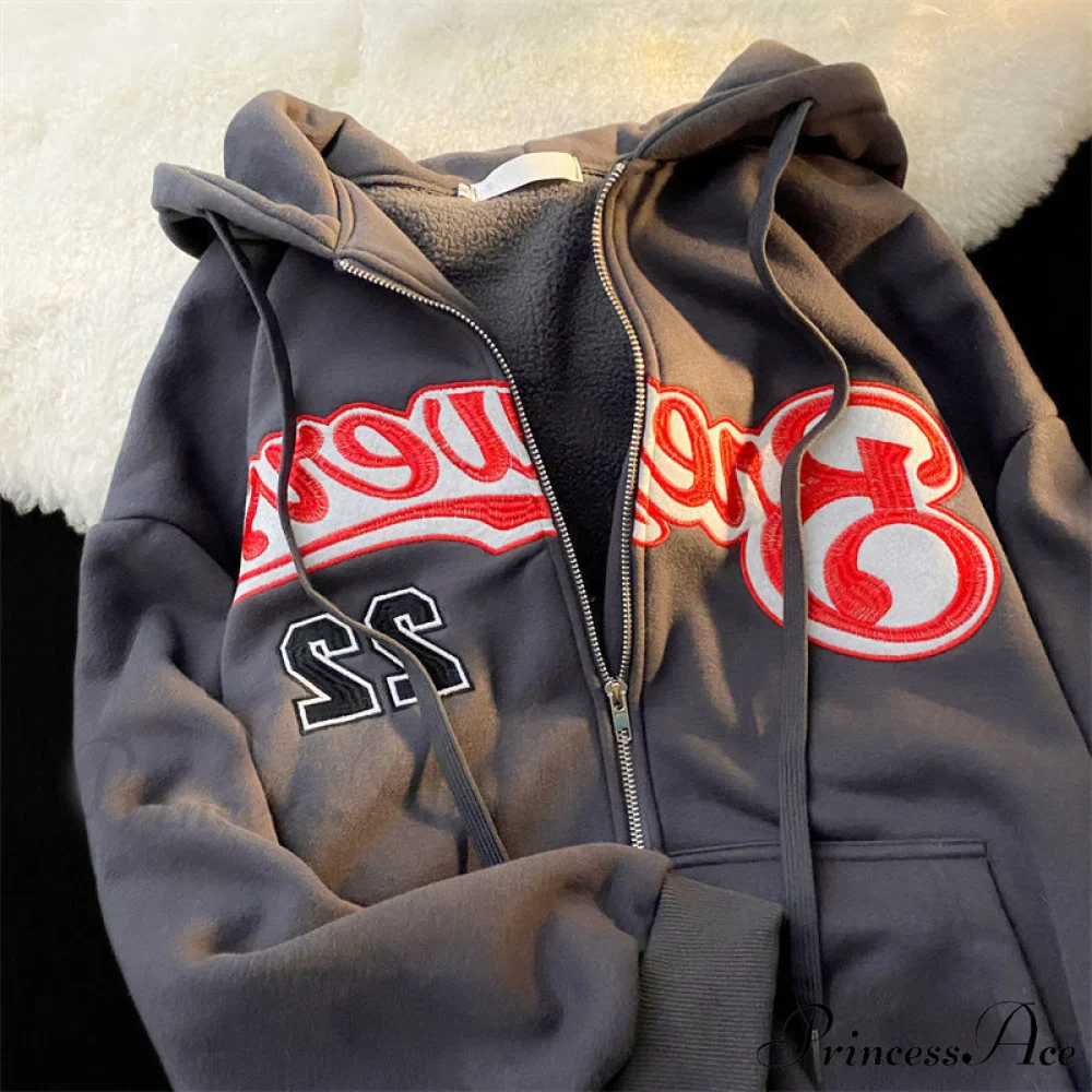 Retro Letter Print Baggy Hoody Jacket - Image 2