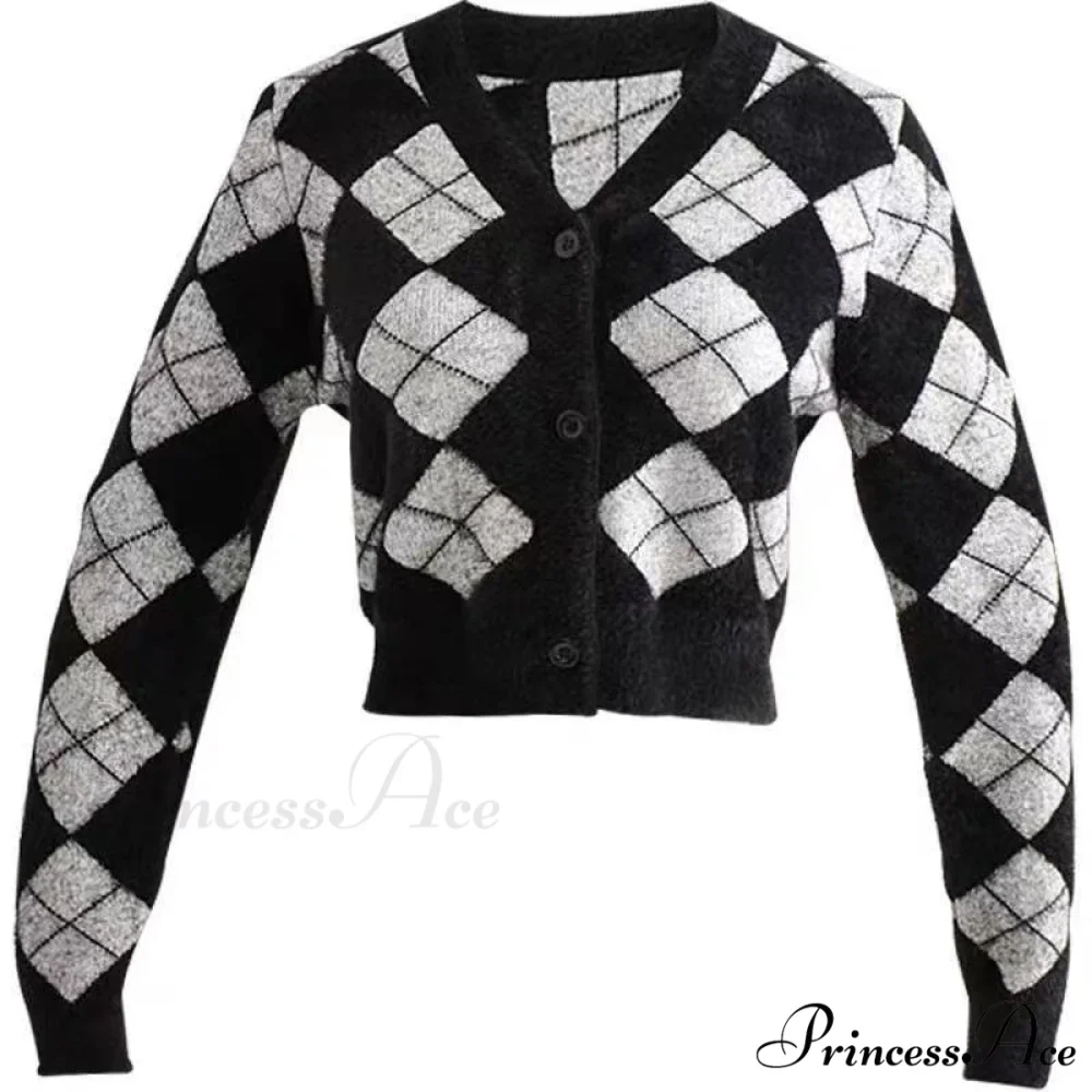 Plaid Black White Knitted Cardigan - Image 5