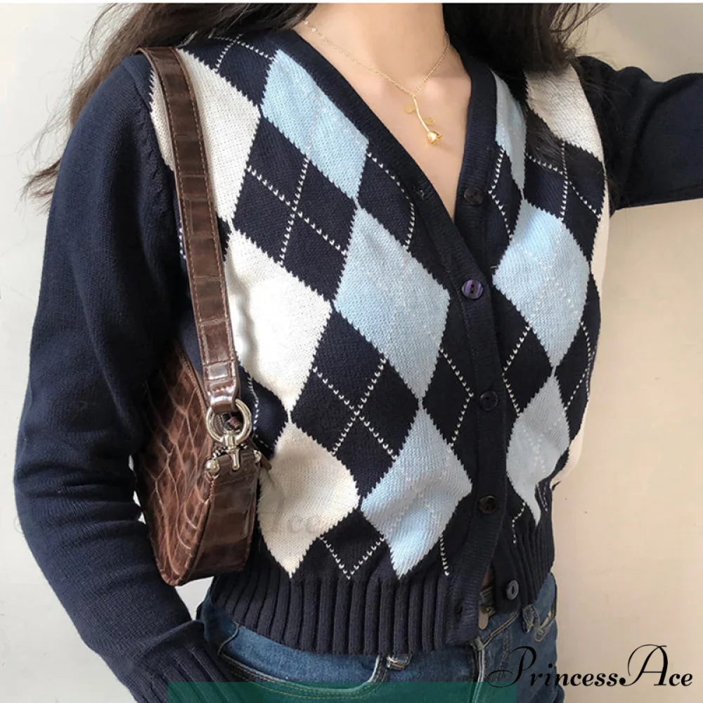 Vintage V-Neck Plaid Long Sleeve Cardigan - Image 3