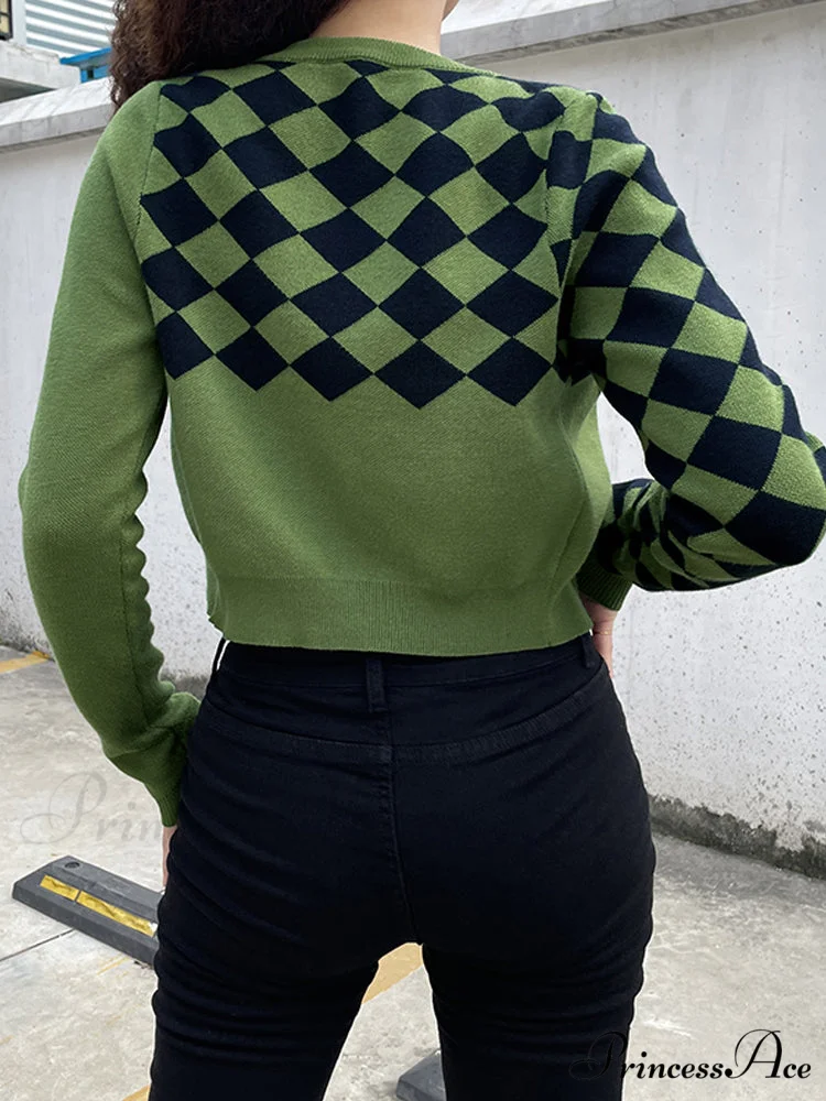 Fashion Plaid Green Cropped Knitted Cardigan - Image 3