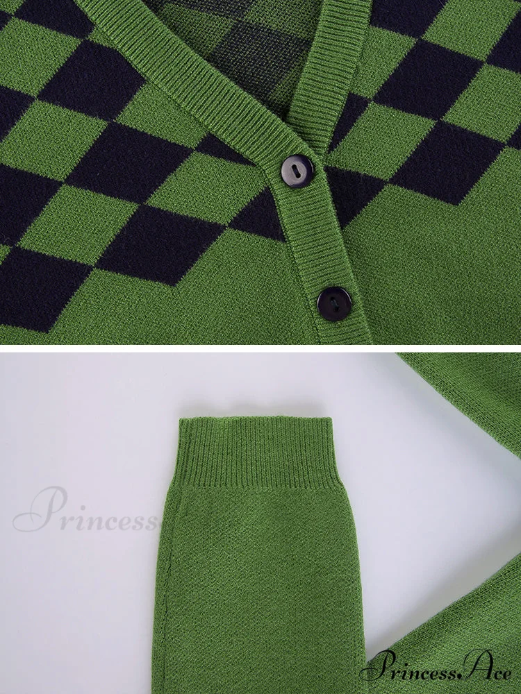 Fashion Plaid Green Cropped Knitted Cardigan - Image 4