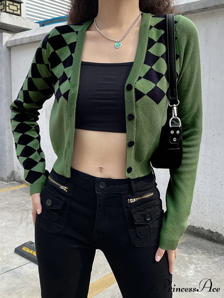 Fashion Plaid Green Cropped Knitted Cardigan - Image 5
