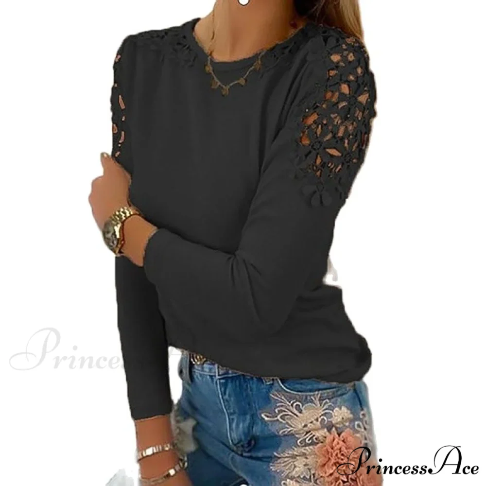 Pure Color Slim Lace Patchwork T-Shirt - Image 2