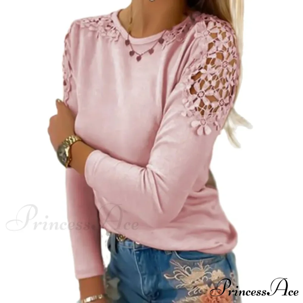 Pure Color Slim Lace Patchwork T-Shirt - Image 3