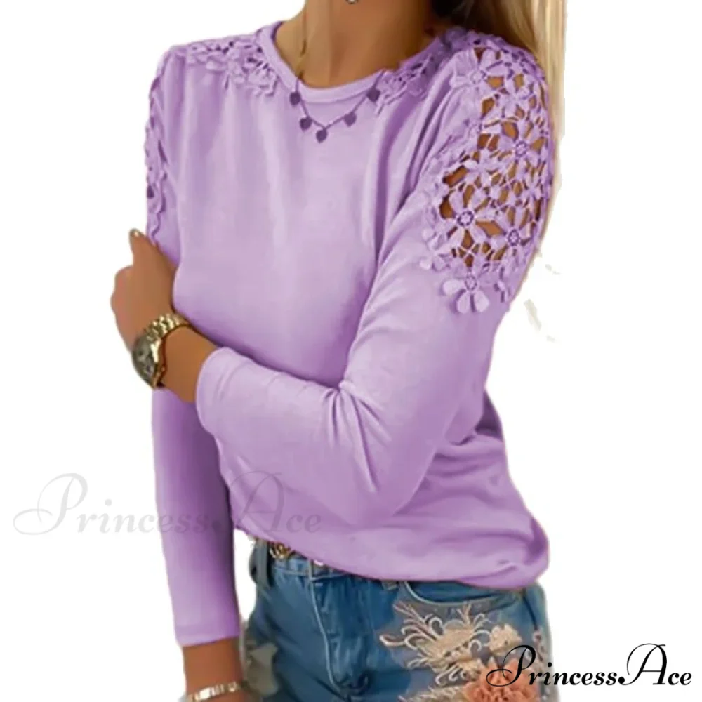 Pure Color Slim Lace Patchwork T-Shirt - Image 5