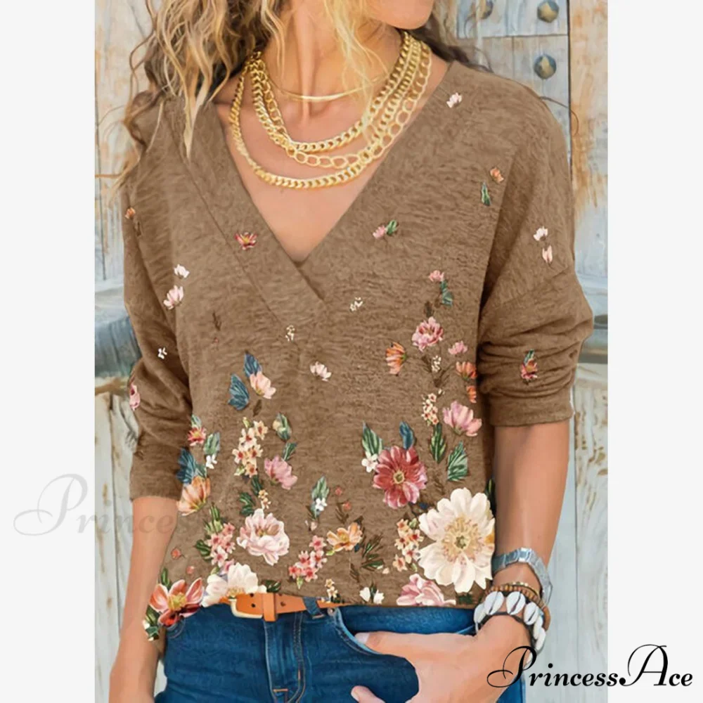 V-neck Flower Print Long-sleeved T-shirt - Image 3