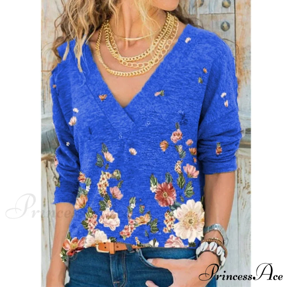 V-neck Flower Print Long-sleeved T-shirt - Image 4