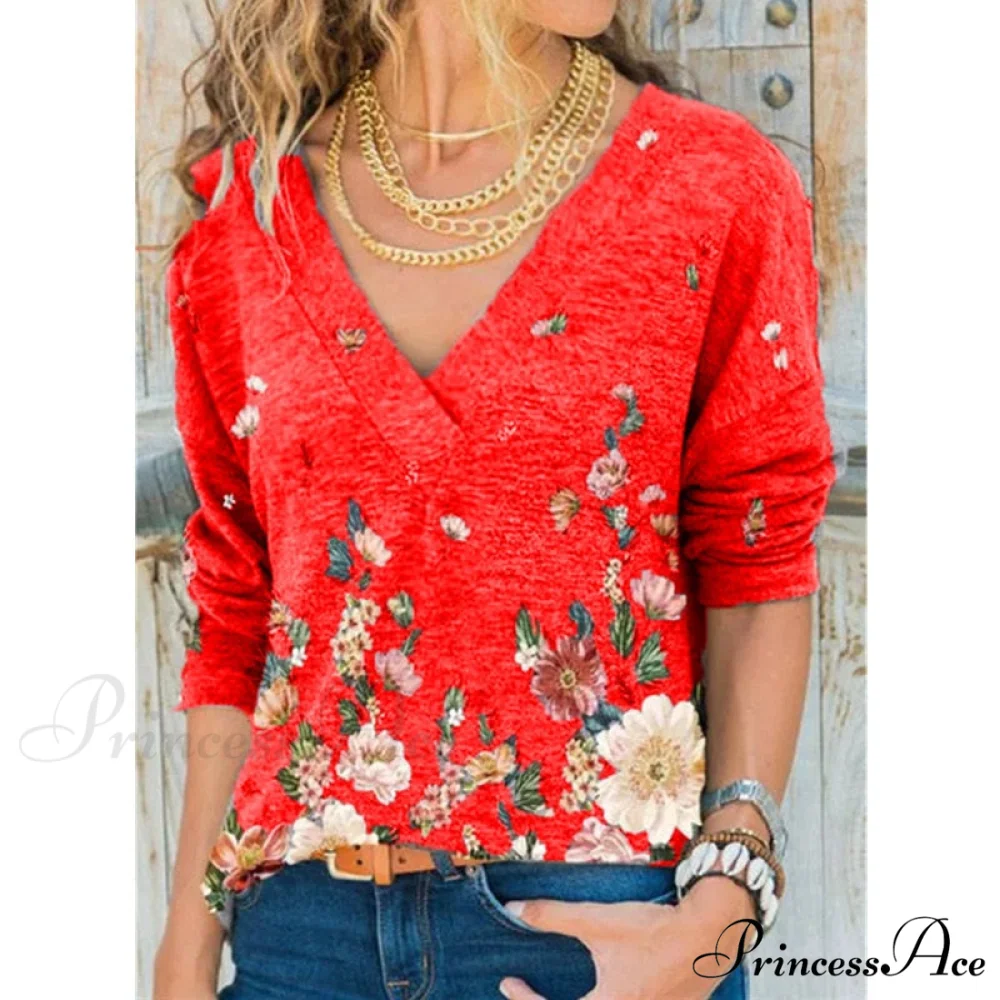 V-neck Flower Print Long-sleeved T-shirt - Image 5