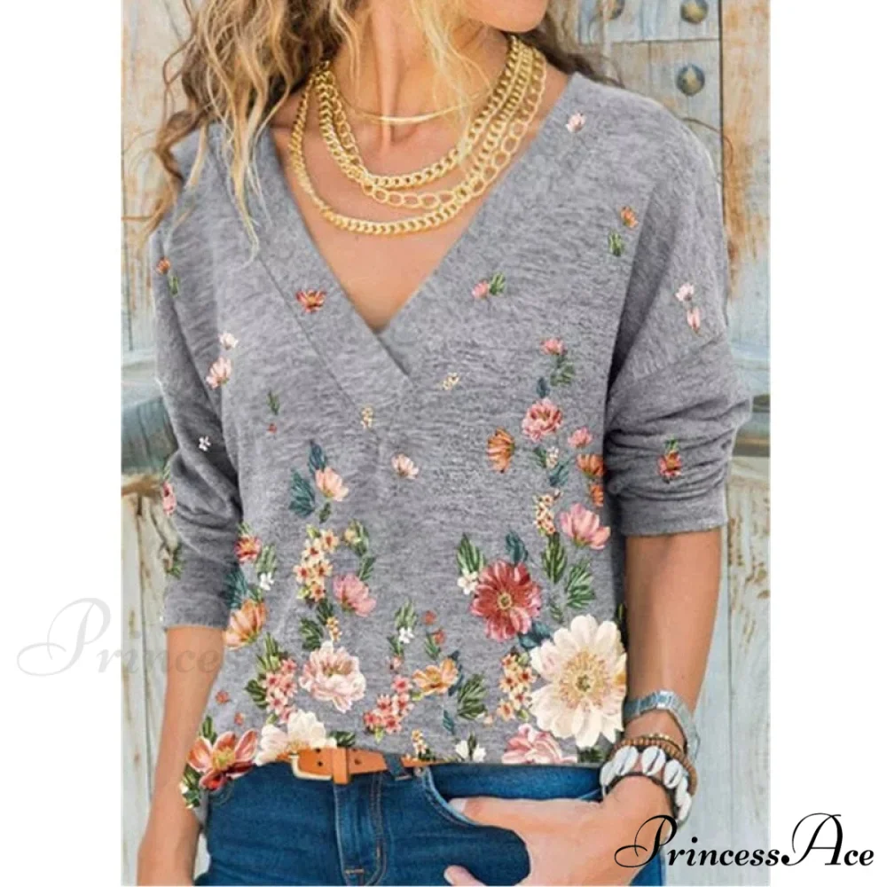 V-neck Flower Print Long-sleeved T-shirt - Image 7