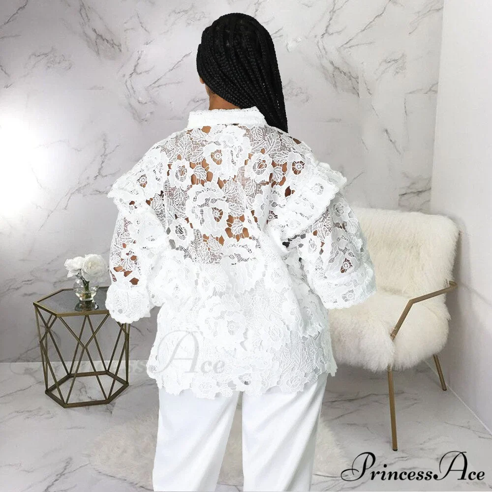 Elegant Lace See Though Ruffles Lantern Blouse - Image 2