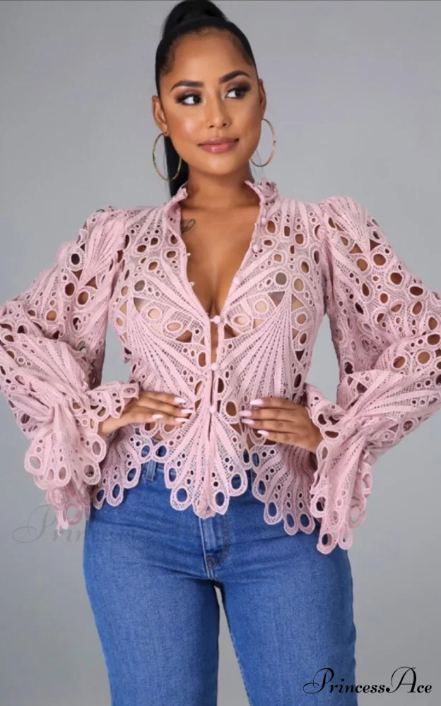 Elegant Lace See Though Ruffles Lantern Blouse - Image 7