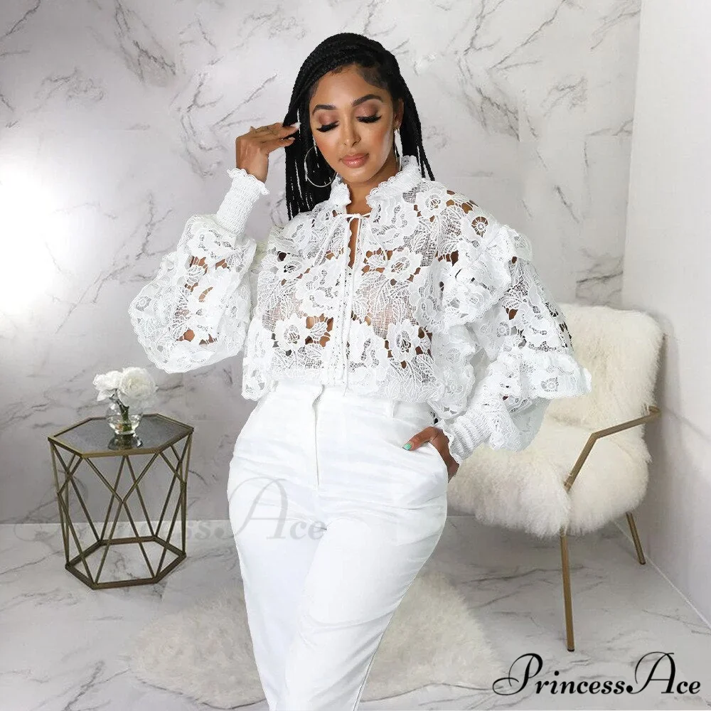 Elegant Lace See Though Ruffles Lantern Blouse - Image 9