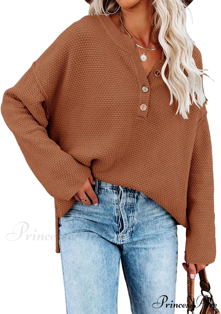 Women's Batwing Long Sleeve Loose V Neck Button Top - Image 10