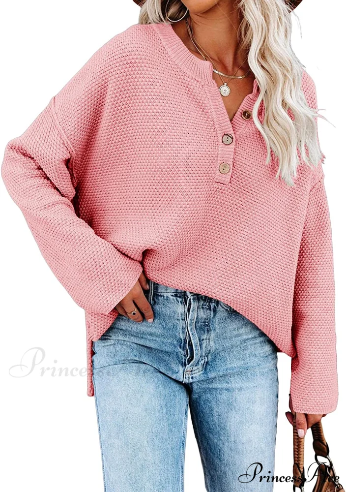 Women's Batwing Long Sleeve Loose V Neck Button Top - Image 11