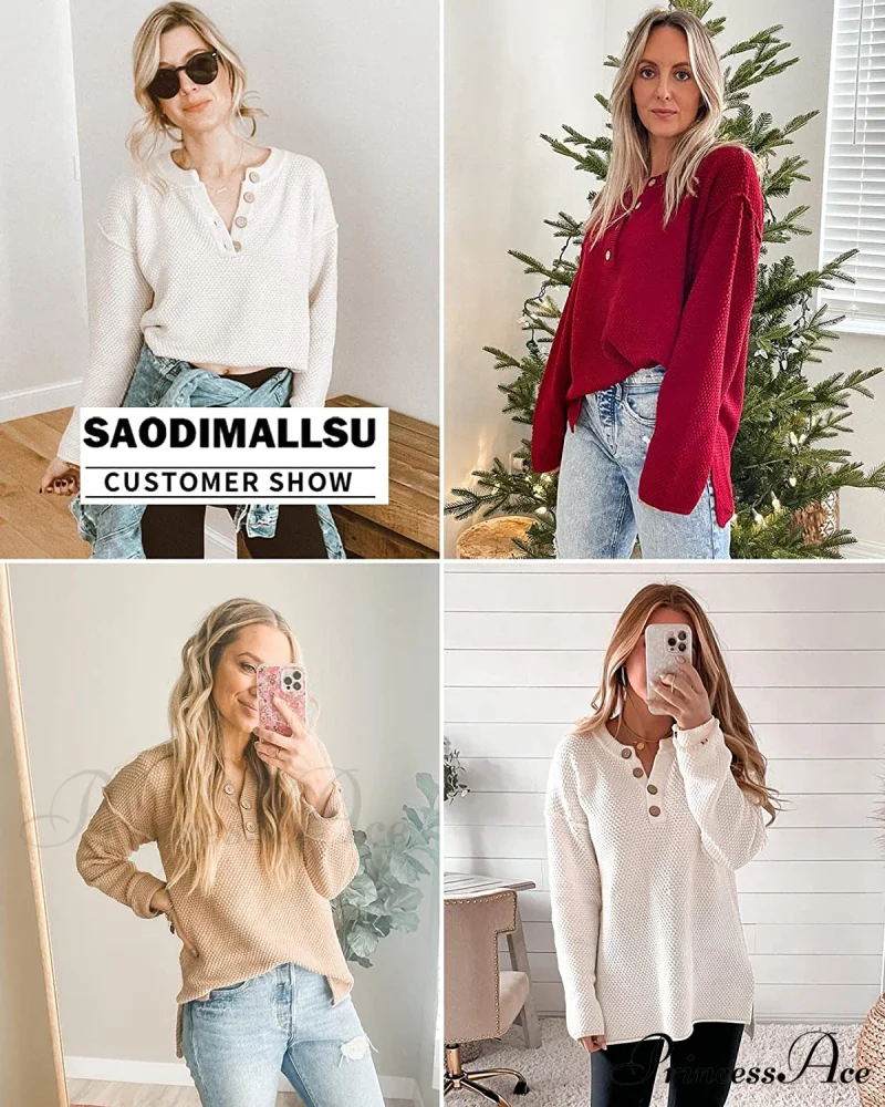 Women's Batwing Long Sleeve Loose V Neck Button Top - Image 5