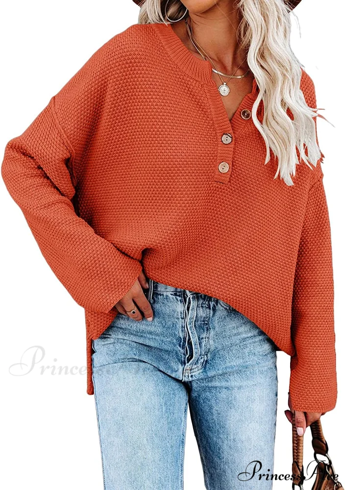Women's Batwing Long Sleeve Loose V Neck Button Top - Image 9