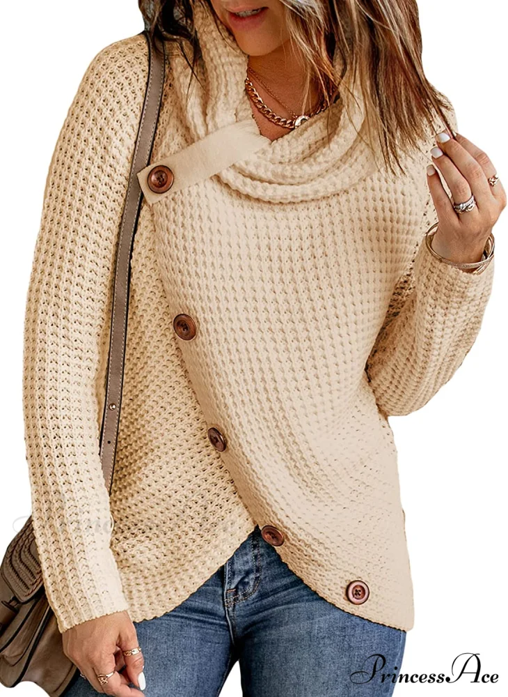Womens Button Cowl Neck Long Sleeve Asymmetric Wrap Sweater - Image 11
