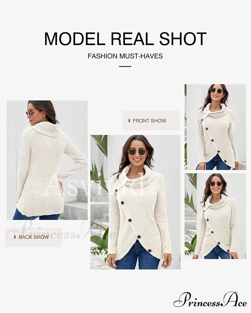 Womens Button Cowl Neck Long Sleeve Asymmetric Wrap Sweater - Image 5