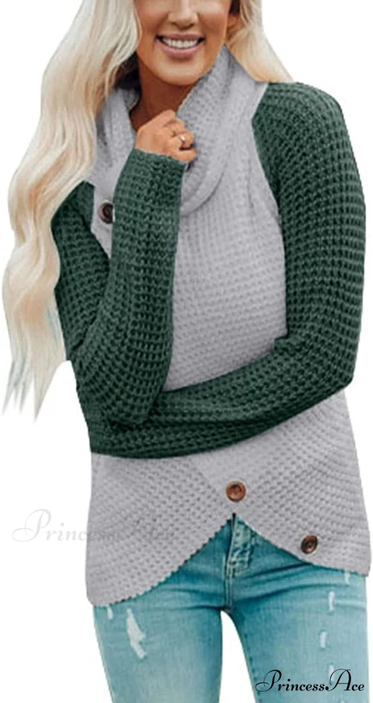 Womens Button Cowl Neck Long Sleeve Asymmetric Wrap Sweater - Image 6