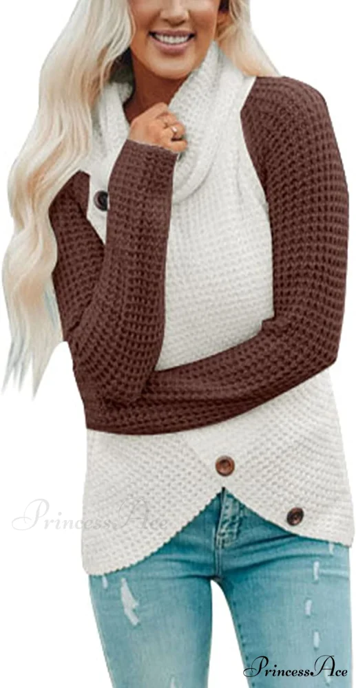Womens Button Cowl Neck Long Sleeve Asymmetric Wrap Sweater - Image 8