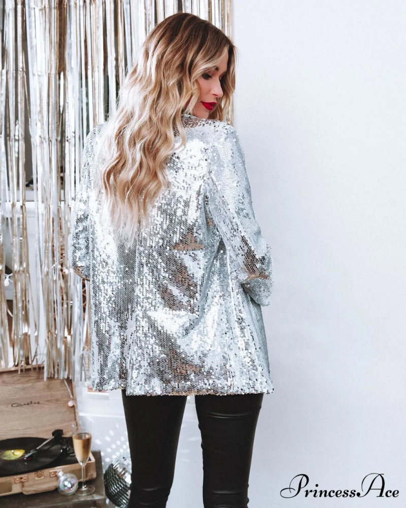 Black Sequin Shinny Shirt Coat - Image 2