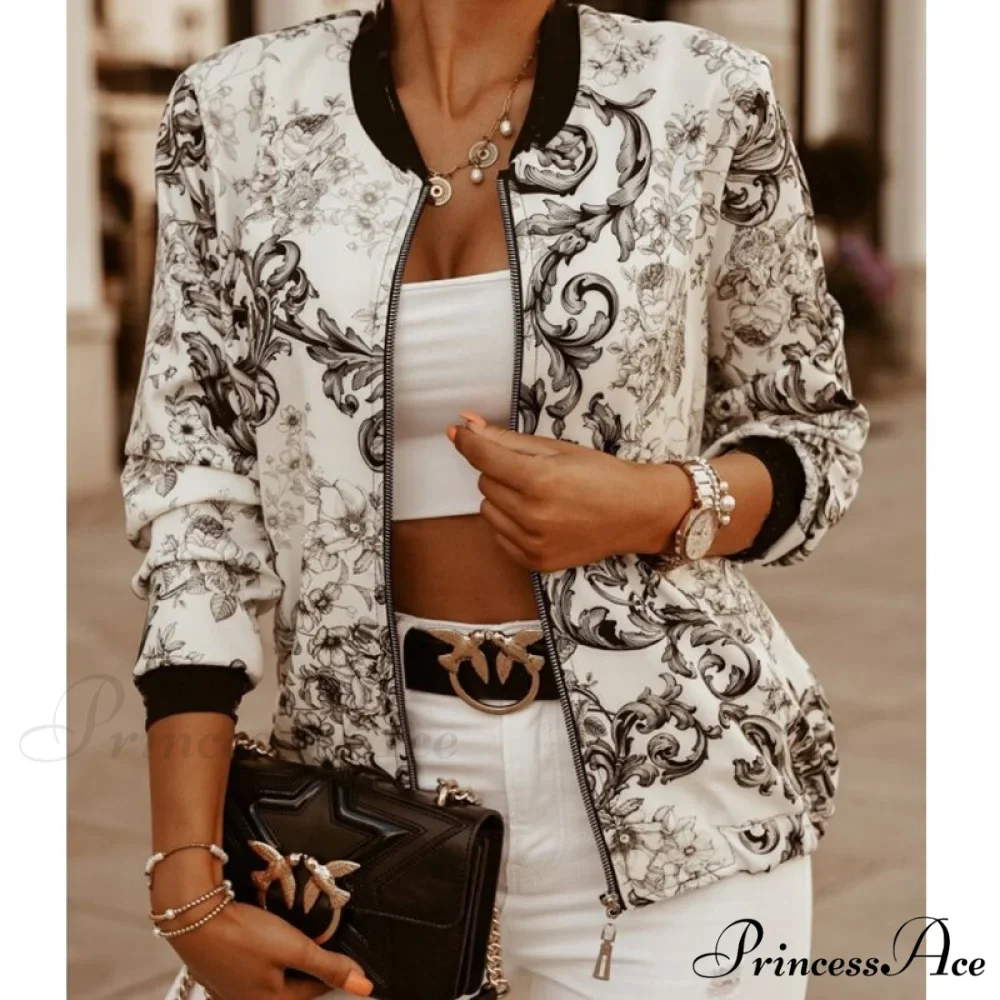 Floral Printed Elegant Zipper Bomber Coat - Image 14