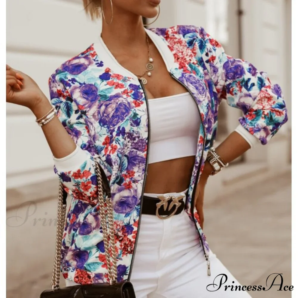 Floral Printed Elegant Zipper Bomber Coat - Image 16
