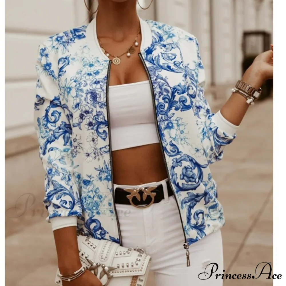 Floral Printed Elegant Zipper Bomber Coat - Image 18