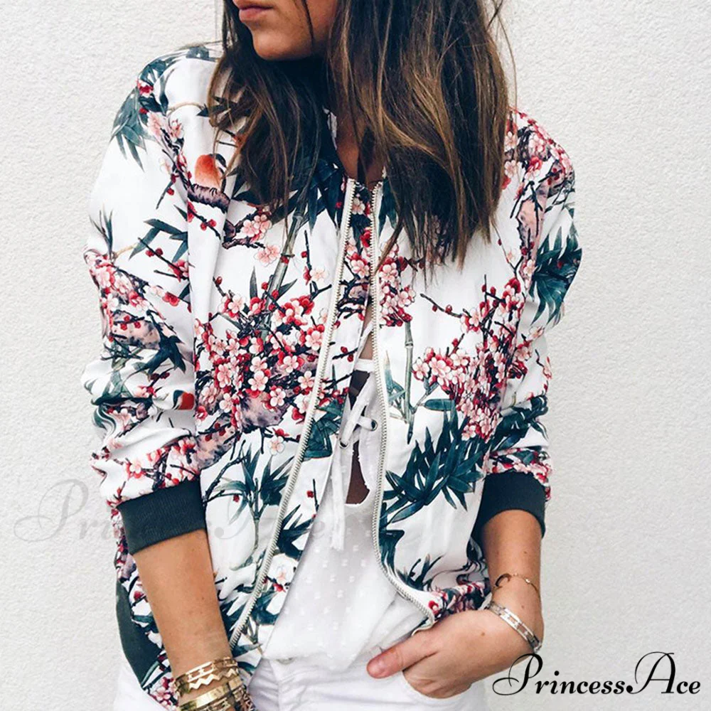 Floral Printed Elegant Zipper Bomber Coat - Image 2