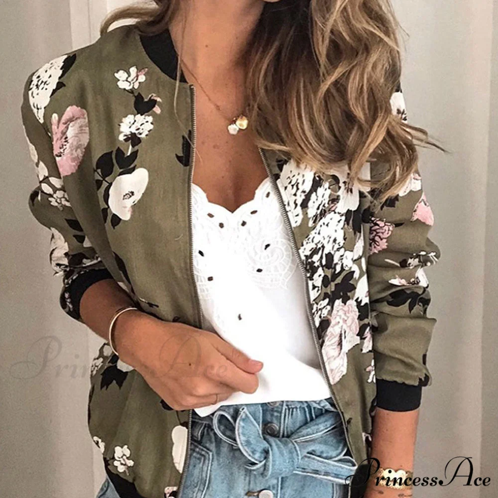 Floral Printed Elegant Zipper Bomber Coat - Image 4